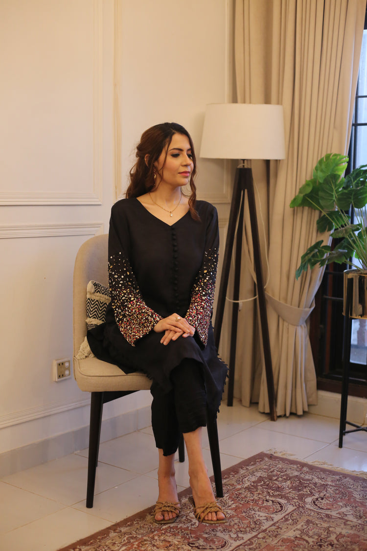 Elegant Black Cotton Silk Embellished Suit – 2-Piece Set