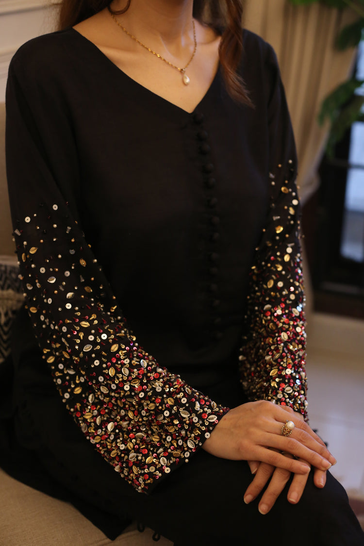 Elegant Black Cotton Silk Embellished Suit – 2-Piece Set