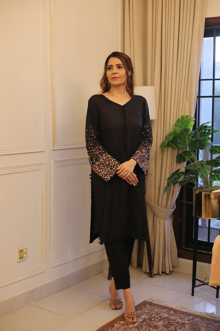 Elegant Black Cotton Silk Embellished Suit – 2-Piece Set