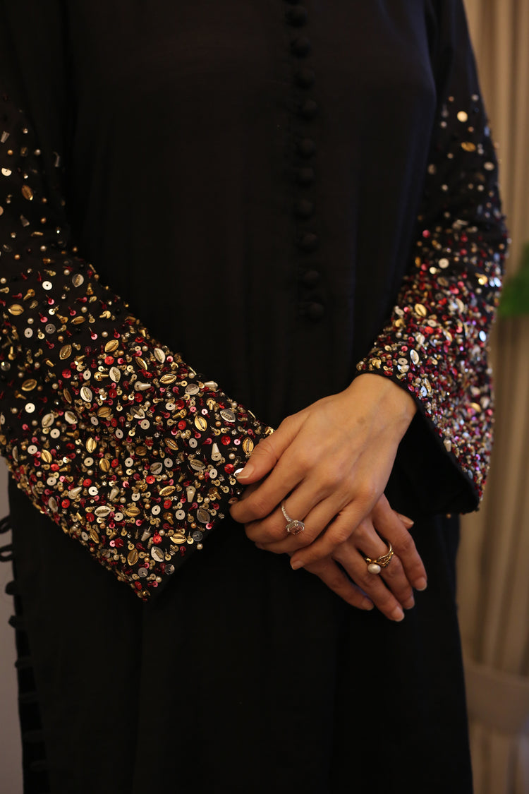 Elegant Black Cotton Silk Embellished Suit – 2-Piece Set