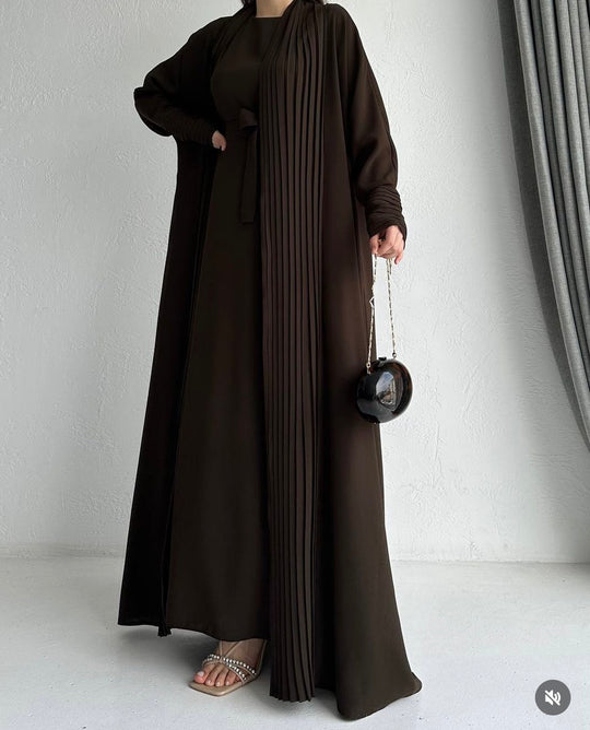 Elegant Pleated Open Abaya with Belted Inner Dress