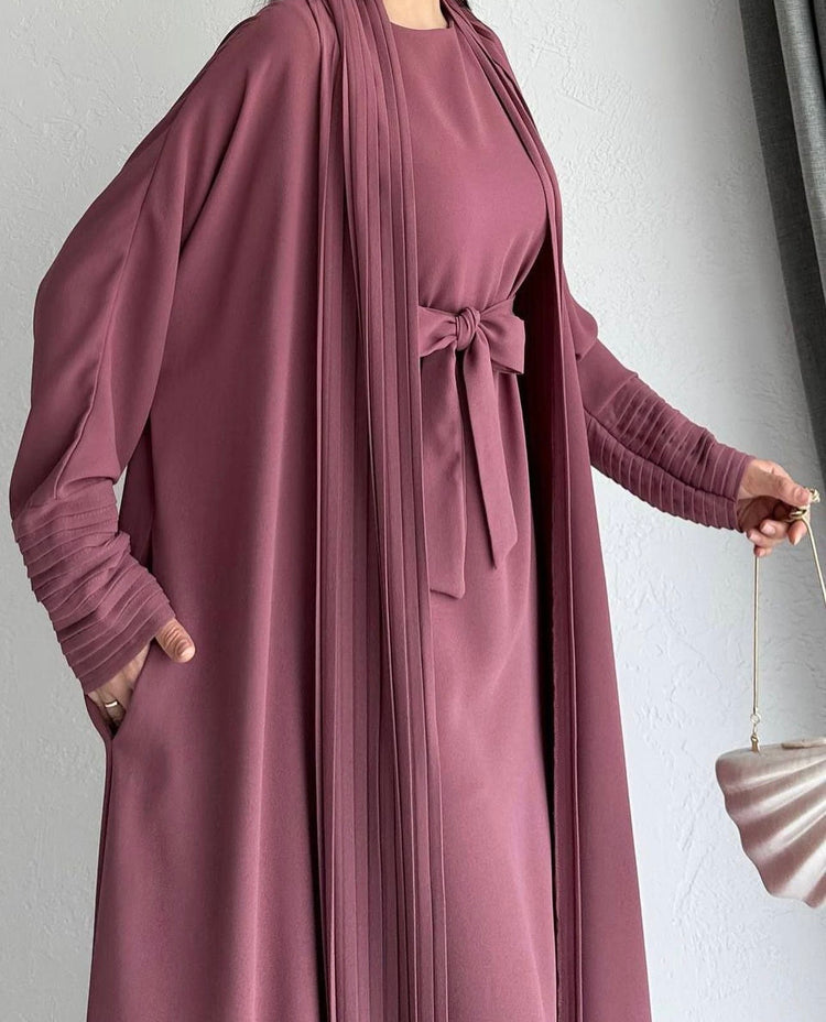 Elegant Pleated Open Abaya with Belted Inner Dress