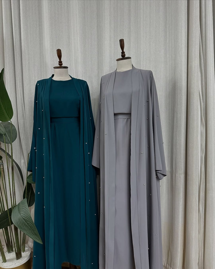 Premium Double Georgette Gown & Inner Set – Teal & Gray Elegance Collection