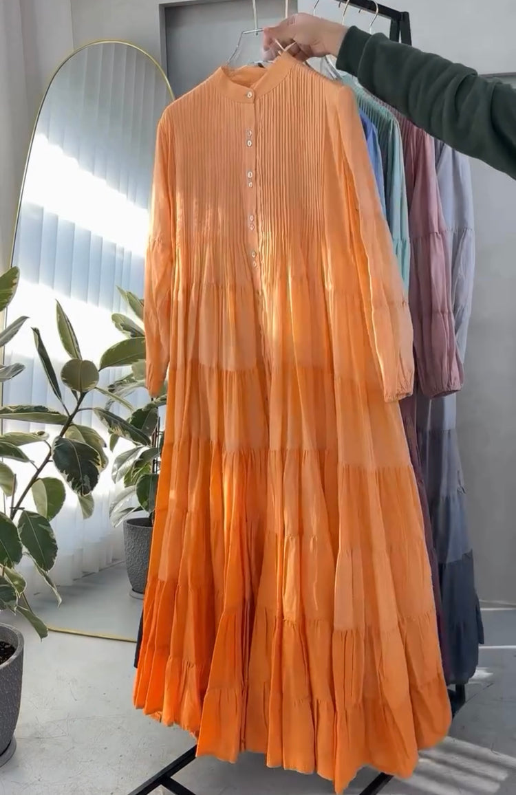 Elegant Cotton Lawn Pleated Tiered Maxi Dress