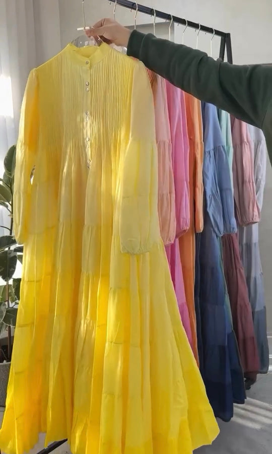 Elegant Cotton Lawn Pleated Tiered Maxi Dress