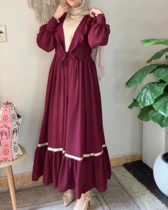 Elegant Ruffle Trim Double Georgette Abaya Set