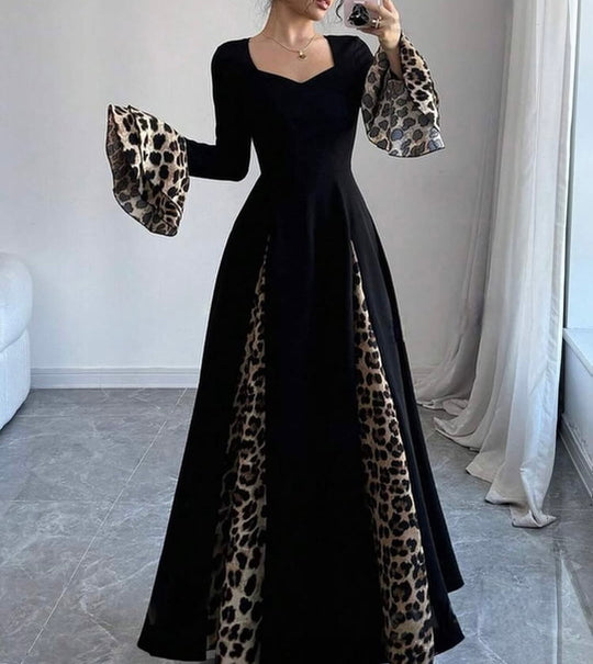 Elegant Black Double Georgette Gown with Leopard Print Accents