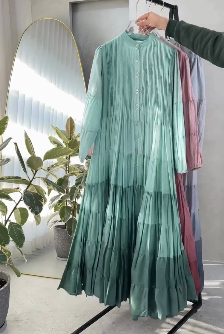 Elegant Cotton Lawn Pleated Tiered Maxi Dress