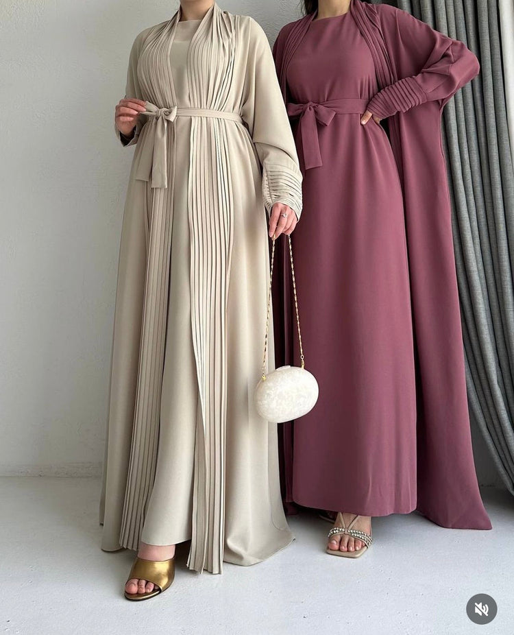 Elegant Pleated Open Abaya with Belted Inner Dress