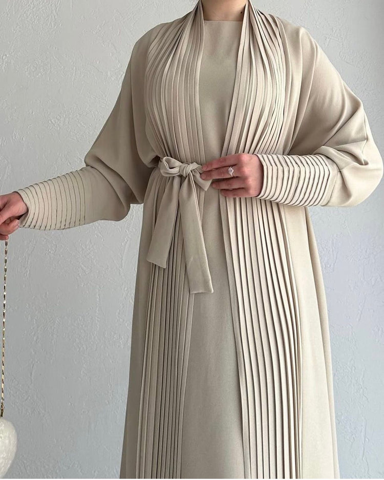Elegant Pleated Open Abaya with Belted Inner Dress