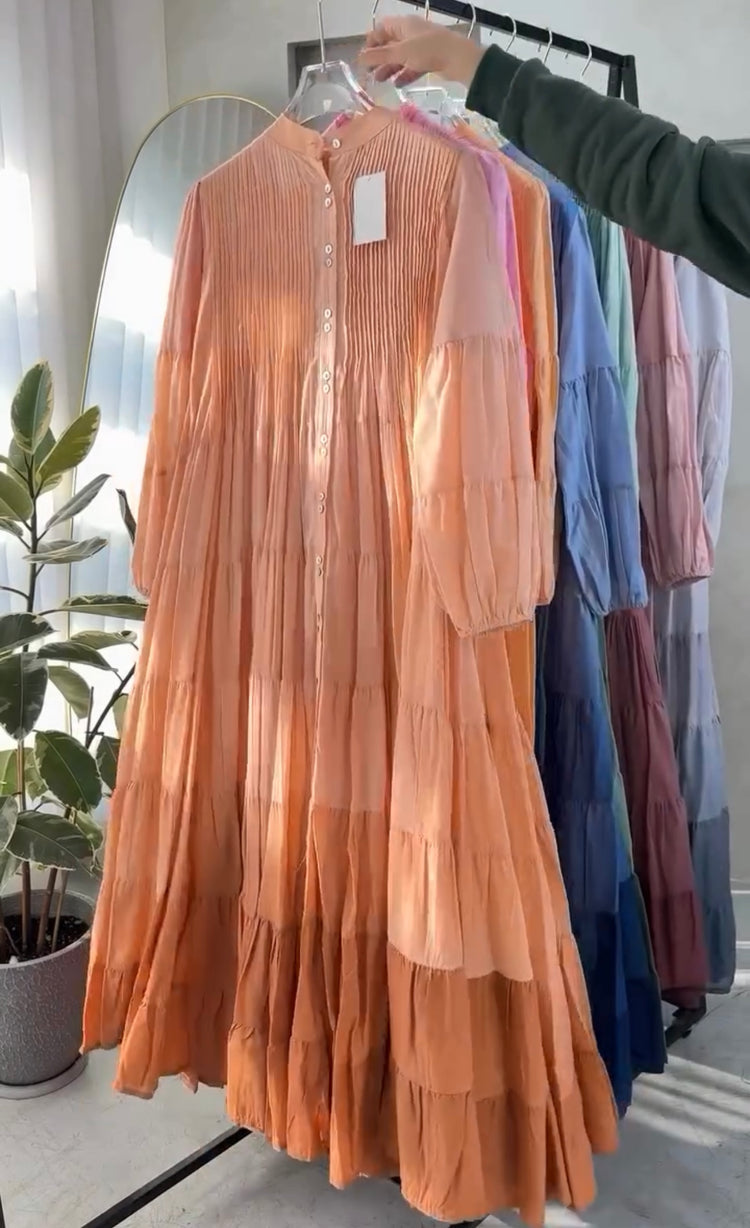 Elegant Cotton Lawn Pleated Tiered Maxi Dress