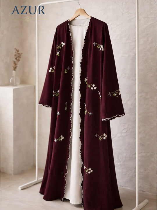 Burgundy Floral Double Georgette Abaya Set