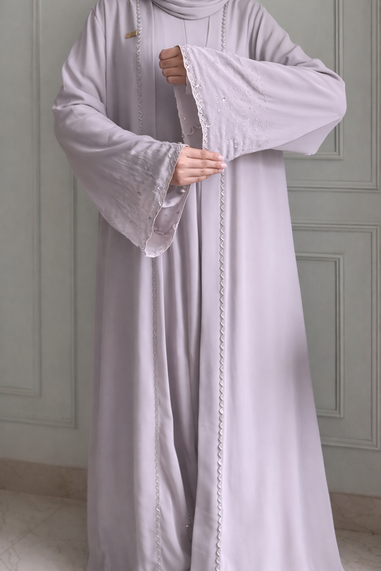 Luxury Open Front Gown with Embellished Sleeves & Inner