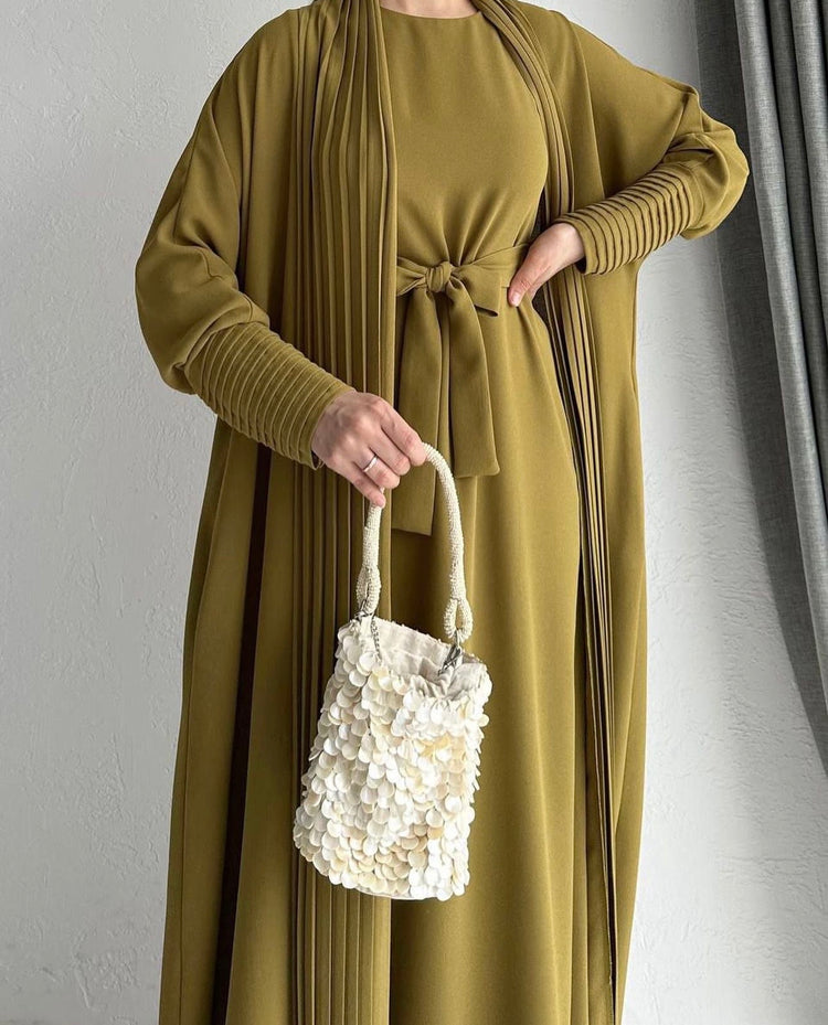 Elegant Pleated Open Abaya with Belted Inner Dress