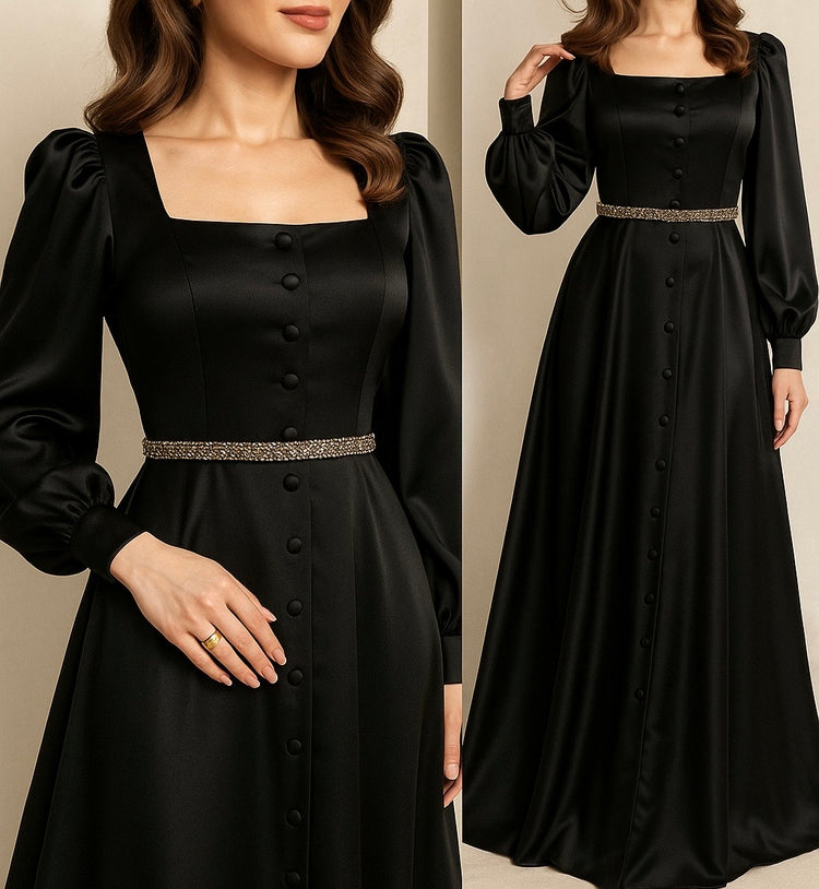 Elegant Full-Length Silk Gown with Button Detailing and Statement Belt