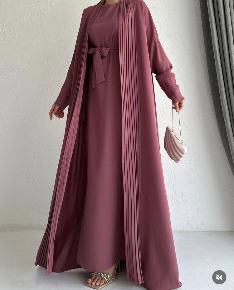 Elegant Pleated Open Abaya with Belted Inner Dress