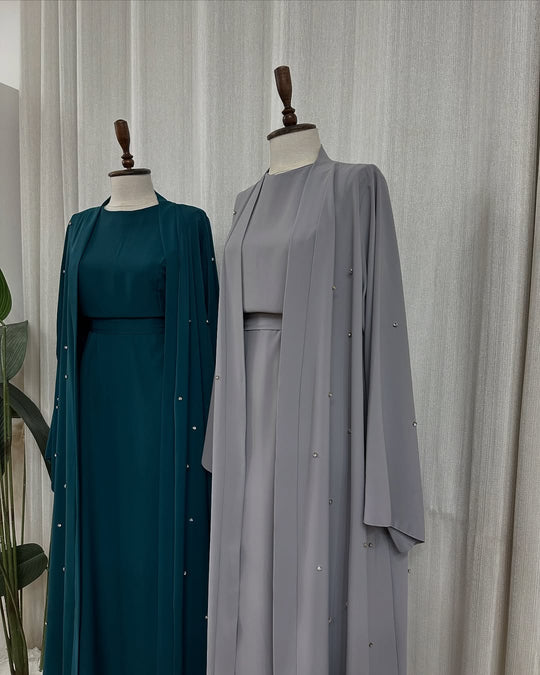 Premium Double Georgette Gown & Inner Set – Teal & Gray Elegance Collection