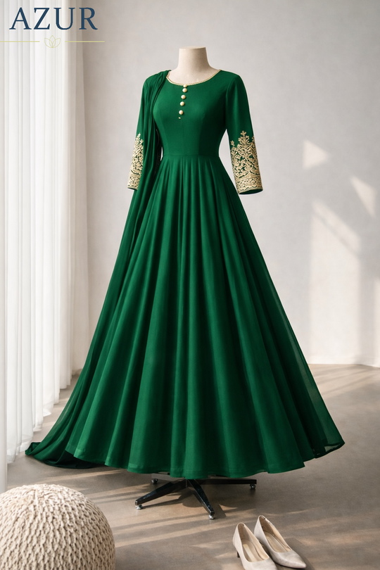 Embroidered Sleeve Flared Gown with Chiffon Dupatta