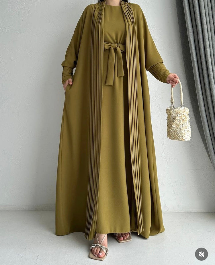Elegant Pleated Open Abaya with Belted Inner Dress