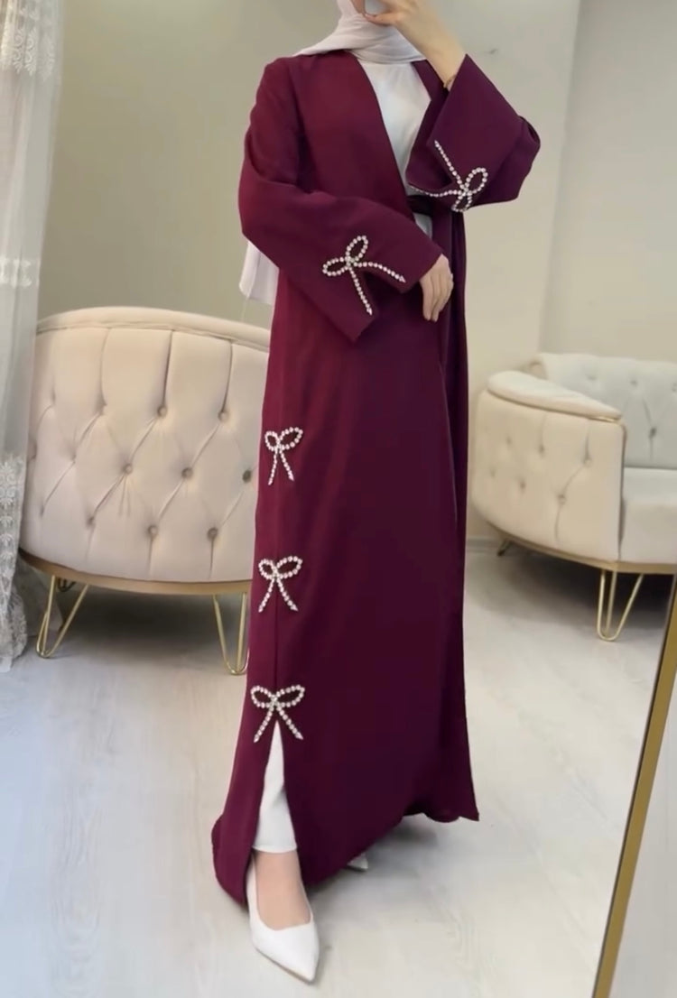 Bow Embellished Double Georgette Open Abaya
