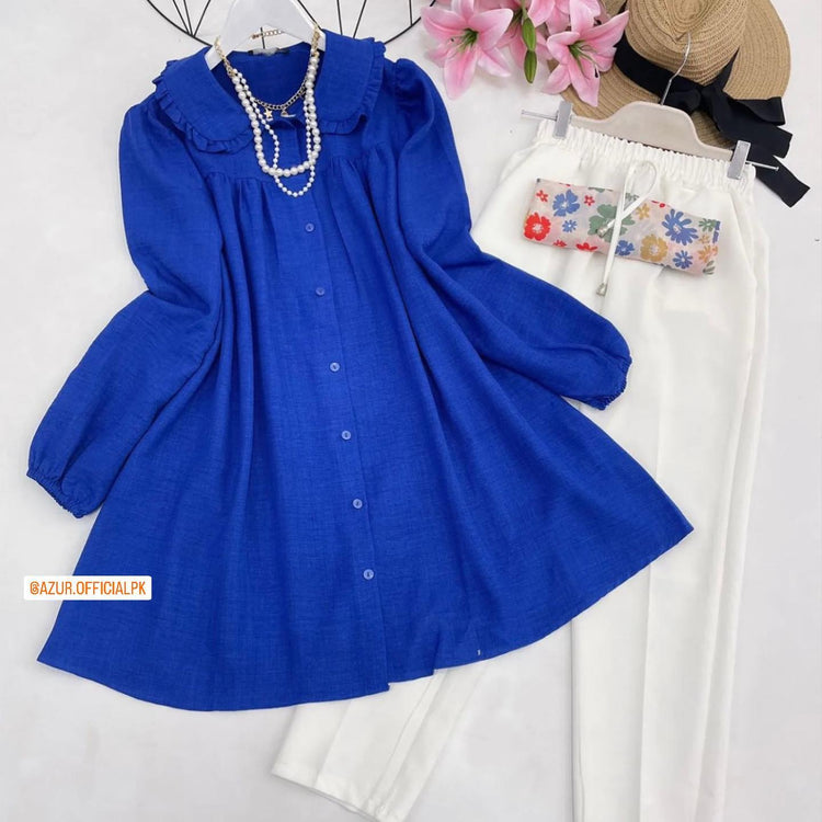 Frilled Collar Cotton Tunic & Trousers Set