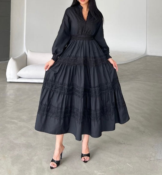 Black Lace Tiered Cotton Dress