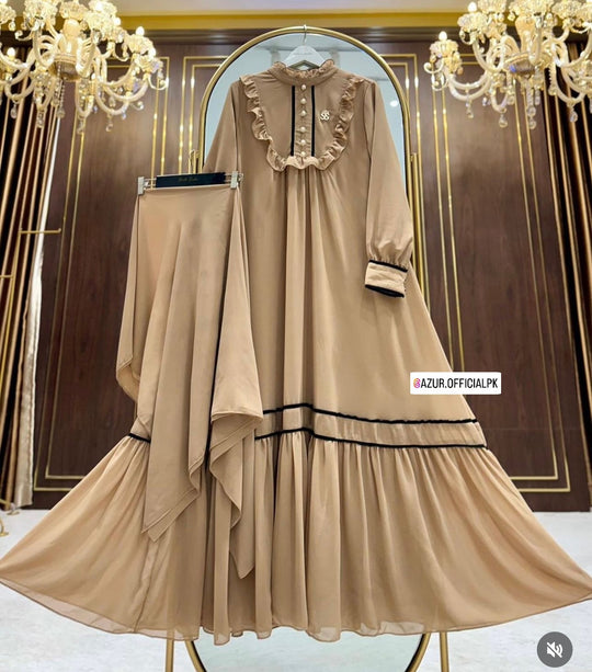 Elegant Ruffled Double Georgette Abaya with Stole