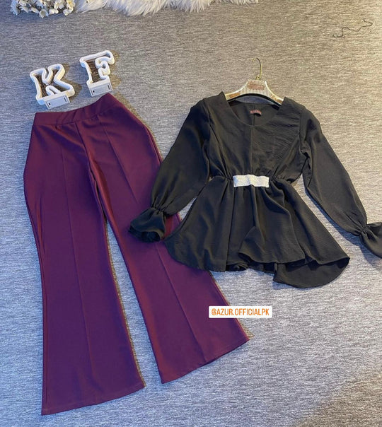 Elegant Double Georgette Peplum Shirt & Trousers Set