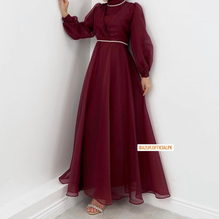 Organza Maxi Dress with Waist Belt