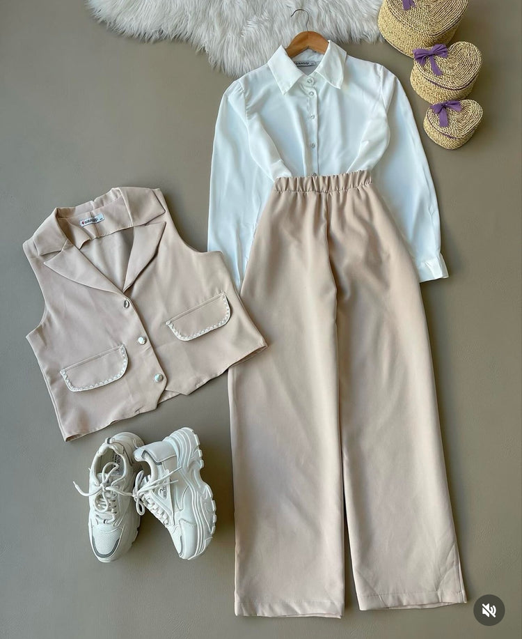 Chic Three-Piece Set with Embellished Vest