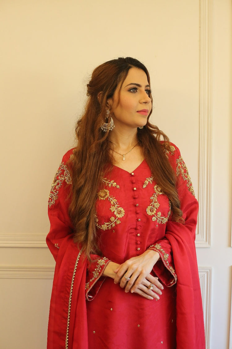 Embroidered Russian Silk Suit with Chiffon Dupatta