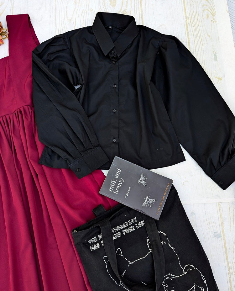 Chic Cotton Dress with Black Blouse Set