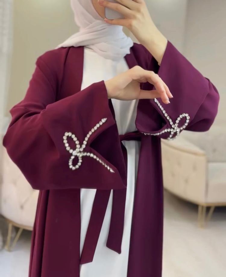 Bow Embellished Double Georgette Open Abaya