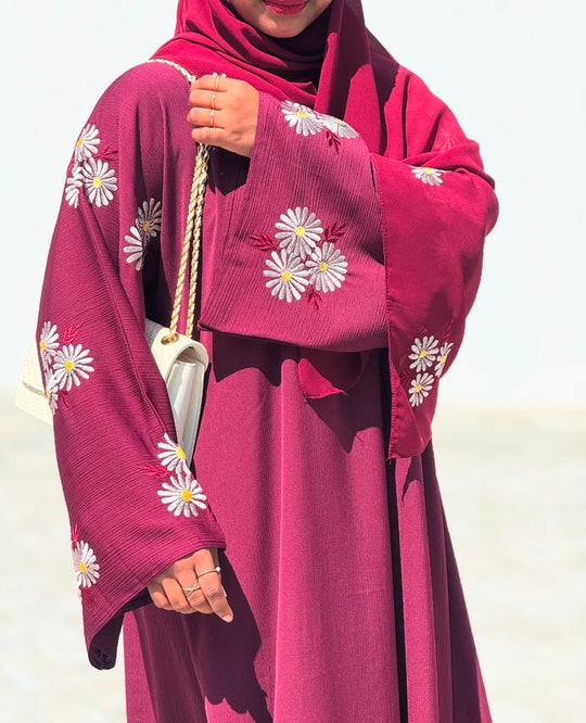 Floral Embroidered Crushed Silk Abaya