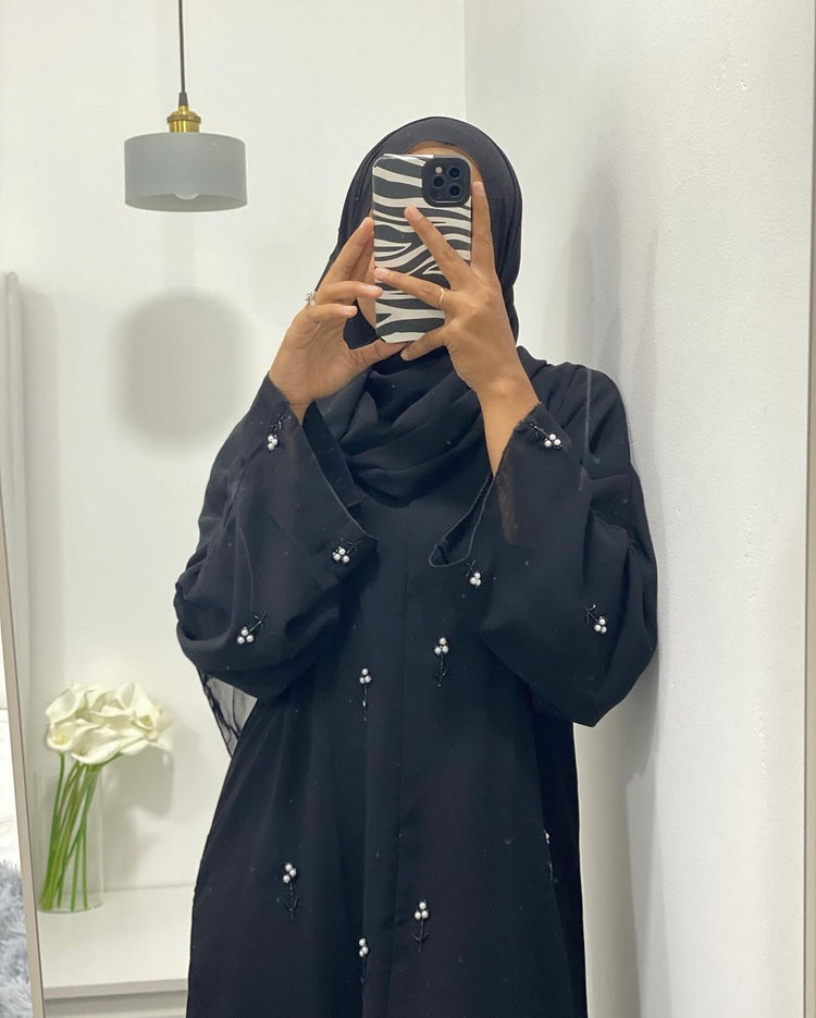 Pearl-Embellished Double Georgette Abaya