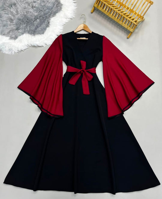 Elegant Contrast Sleeve Bow-Tie Dress