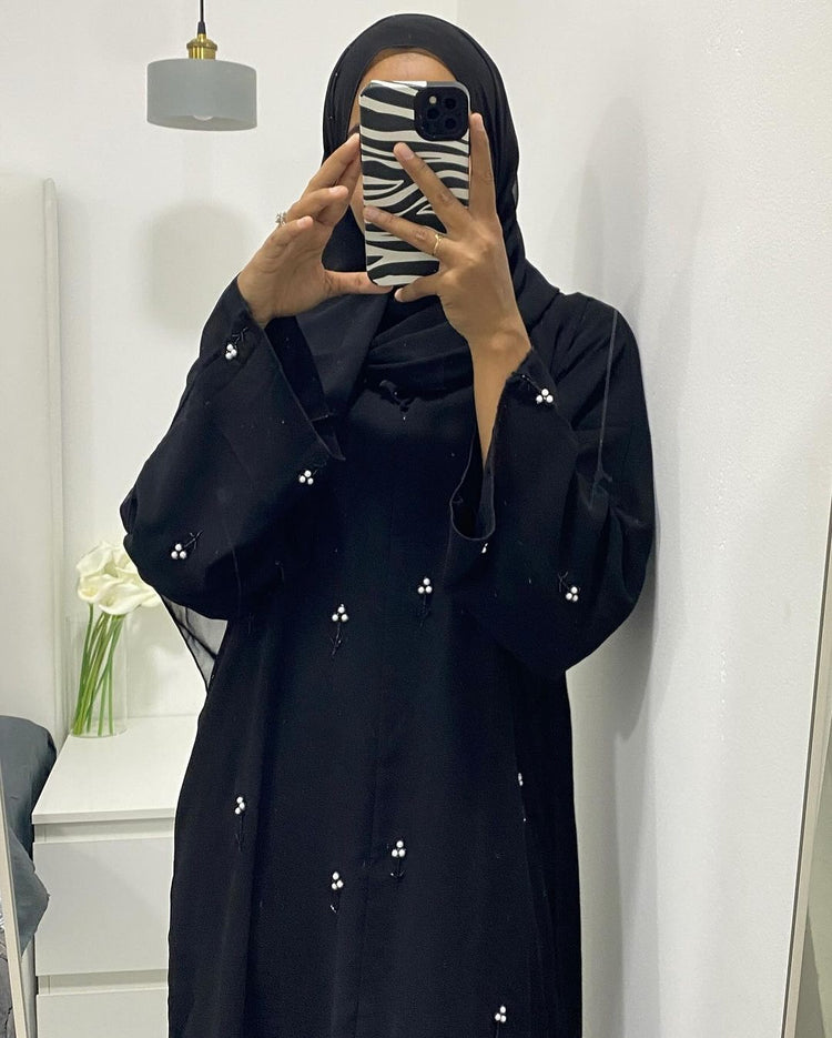 Pearl-Embellished Double Georgette Abaya