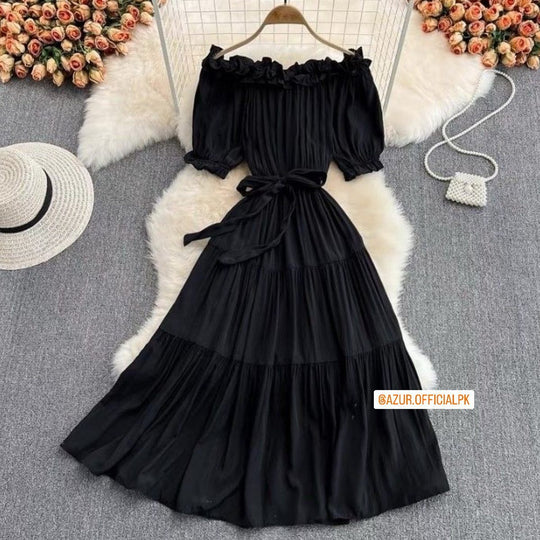 Off-Shoulder Black Midi Dress