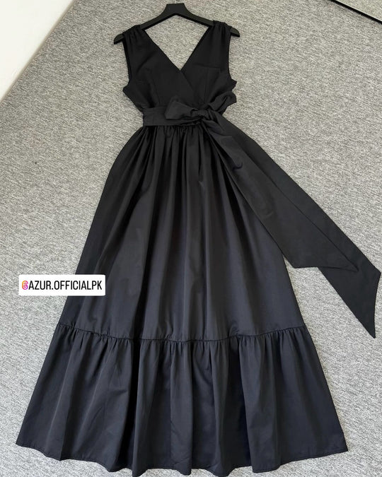 Elegant Cotton Tie-Waist Maxi Dress