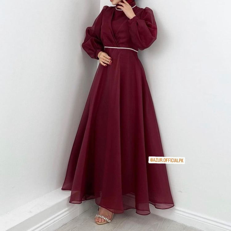 Organza Maxi Dress with Waist Belt