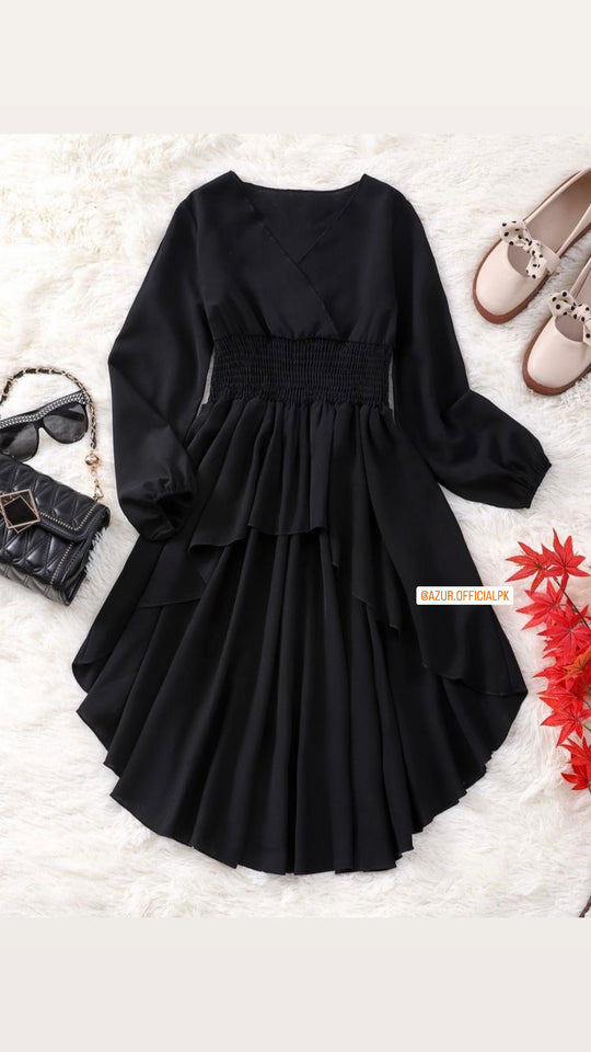 Black Hi-Low Dress with Smocked Waist