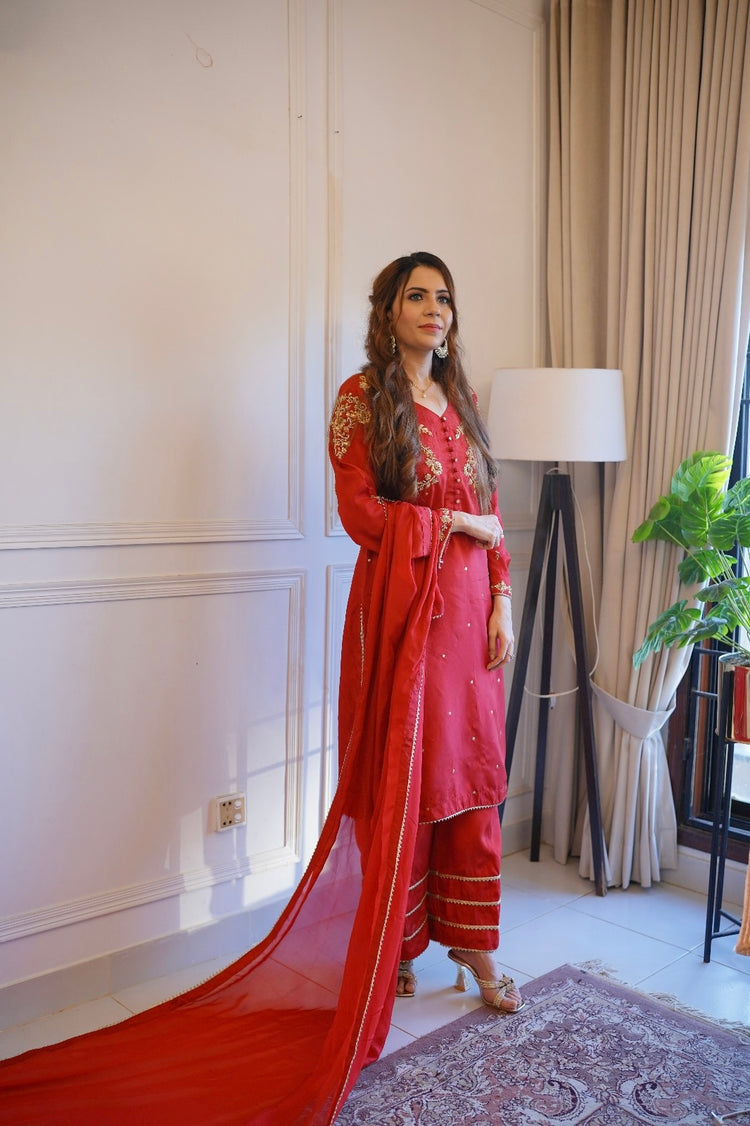 Embroidered Russian Silk Suit with Chiffon Dupatta