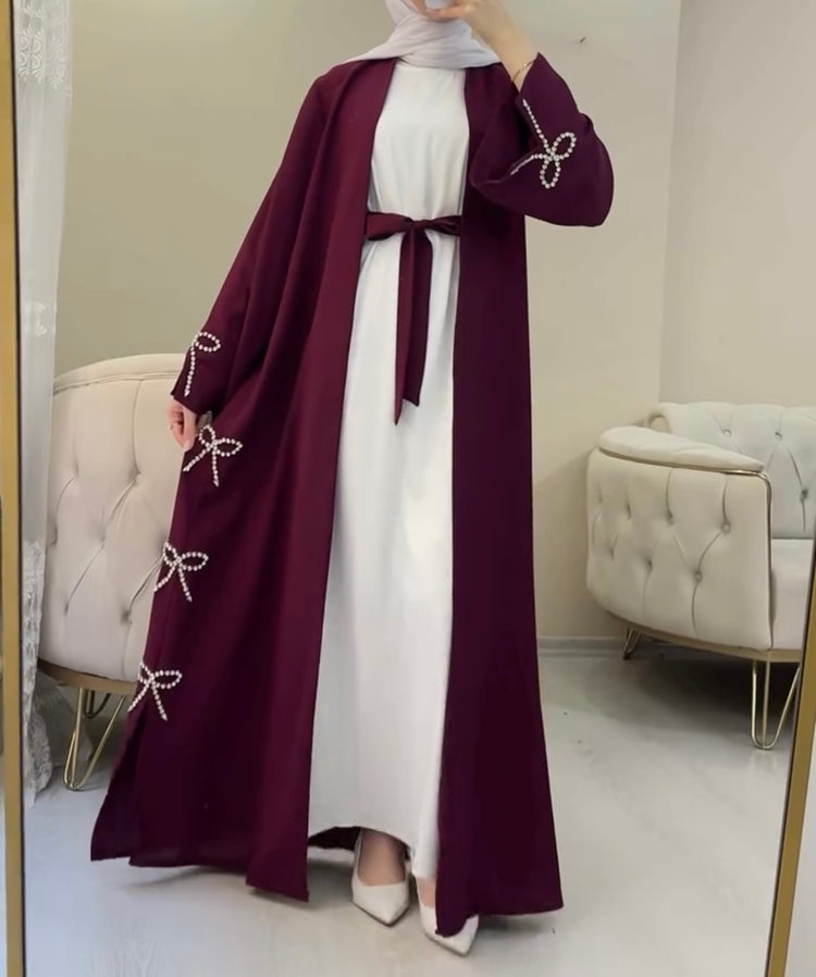 Bow Embellished Double Georgette Open Abaya