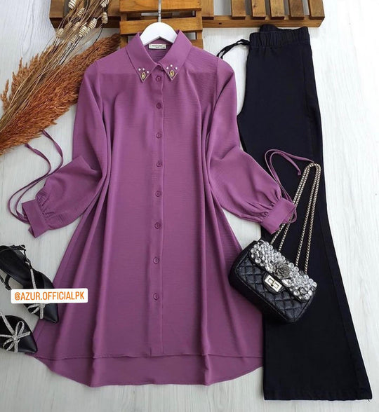 Embellished Collar Double Georgette Shirt & Trousers Set