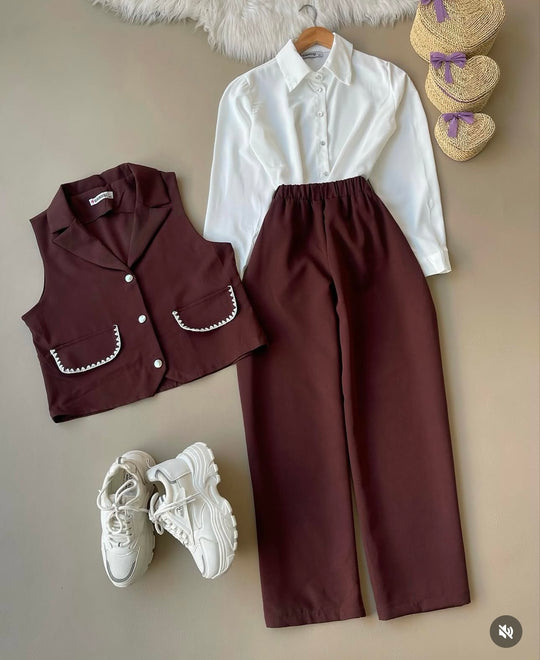 Chic Three-Piece Set with Embellished Vest