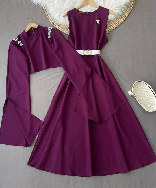 Elegant Double Georgette Dress with Embellished Crop Jacket