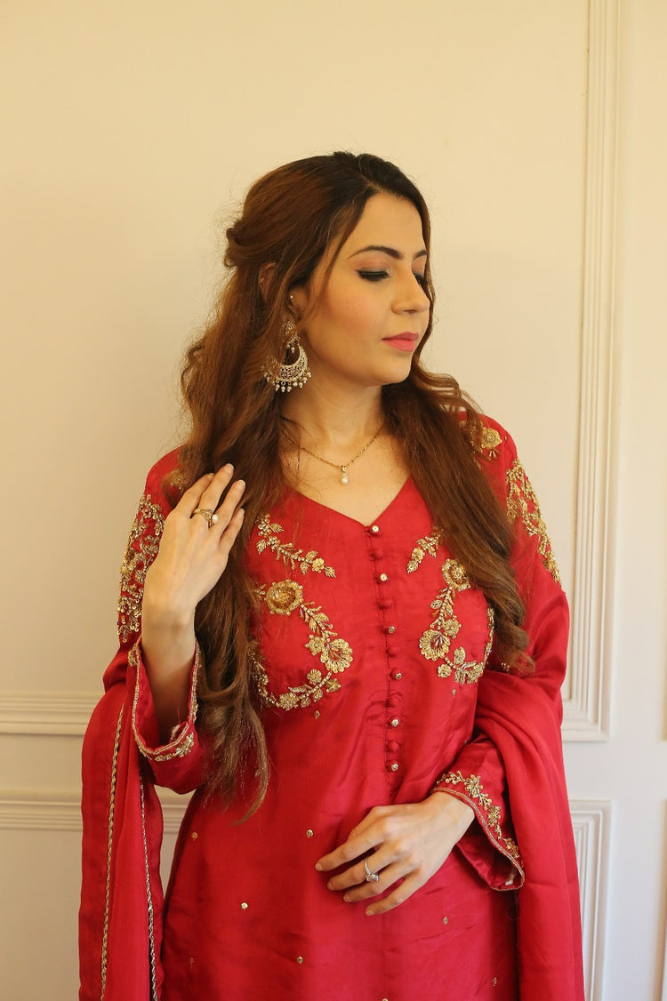 Embroidered Russian Silk Suit with Chiffon Dupatta
