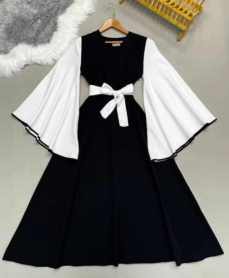 Elegant Contrast Sleeve Bow-Tie Dress