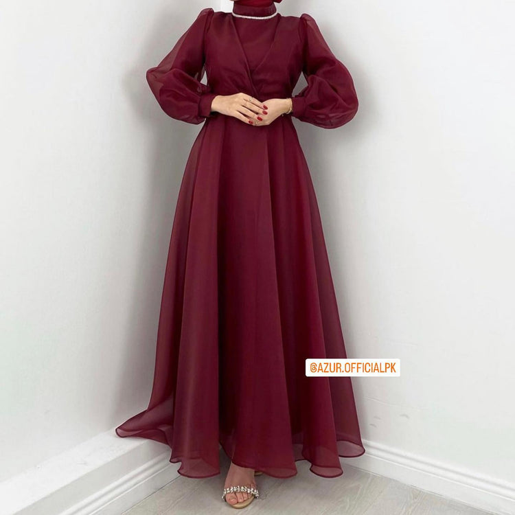 Organza Maxi Dress with Waist Belt