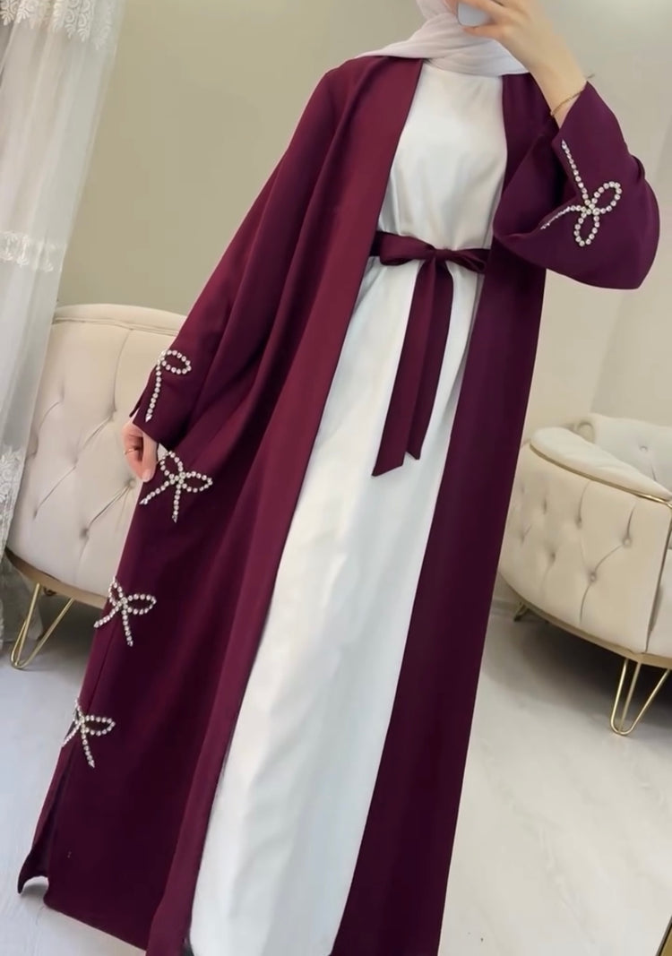 Bow Embellished Double Georgette Open Abaya